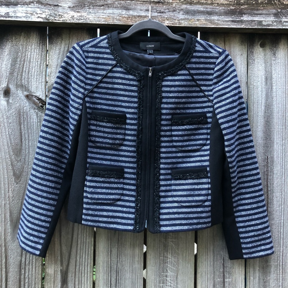 J. Crew Wool Blend Striped Jacket Size 8 Black Gray Cropped Metallic A9667